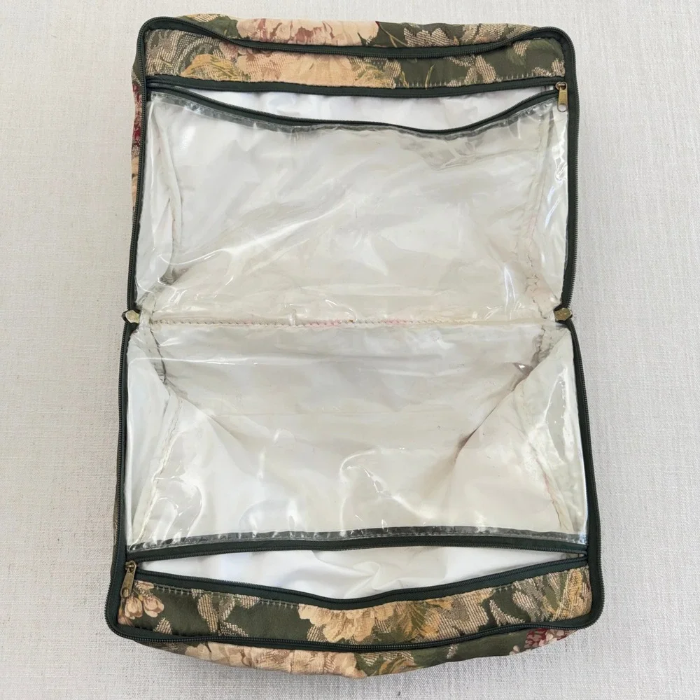Vintage Floral Tapestry Toiletry Bag Travel Cosmetic Case Organizer Green Pink